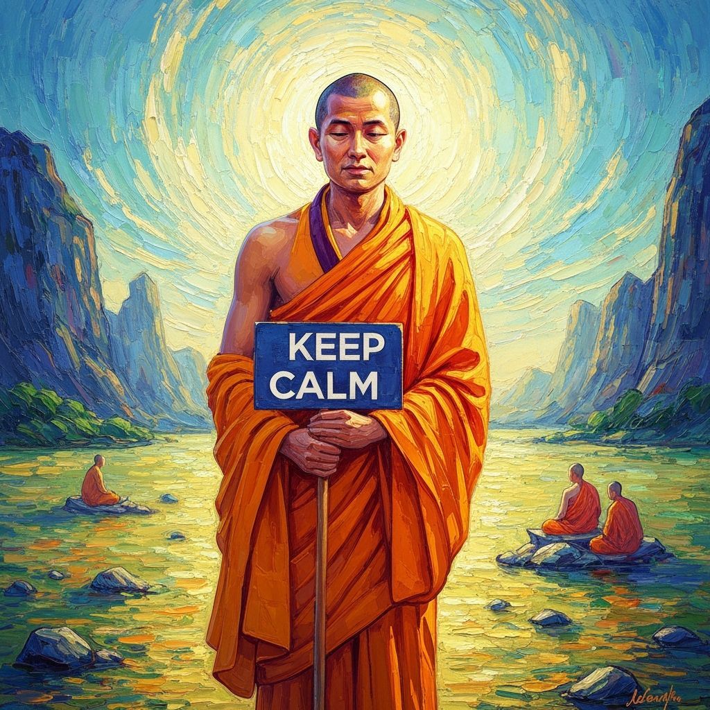 Serene Monk Shows "Keep Calm" Sign in Vibrant Impasto Art