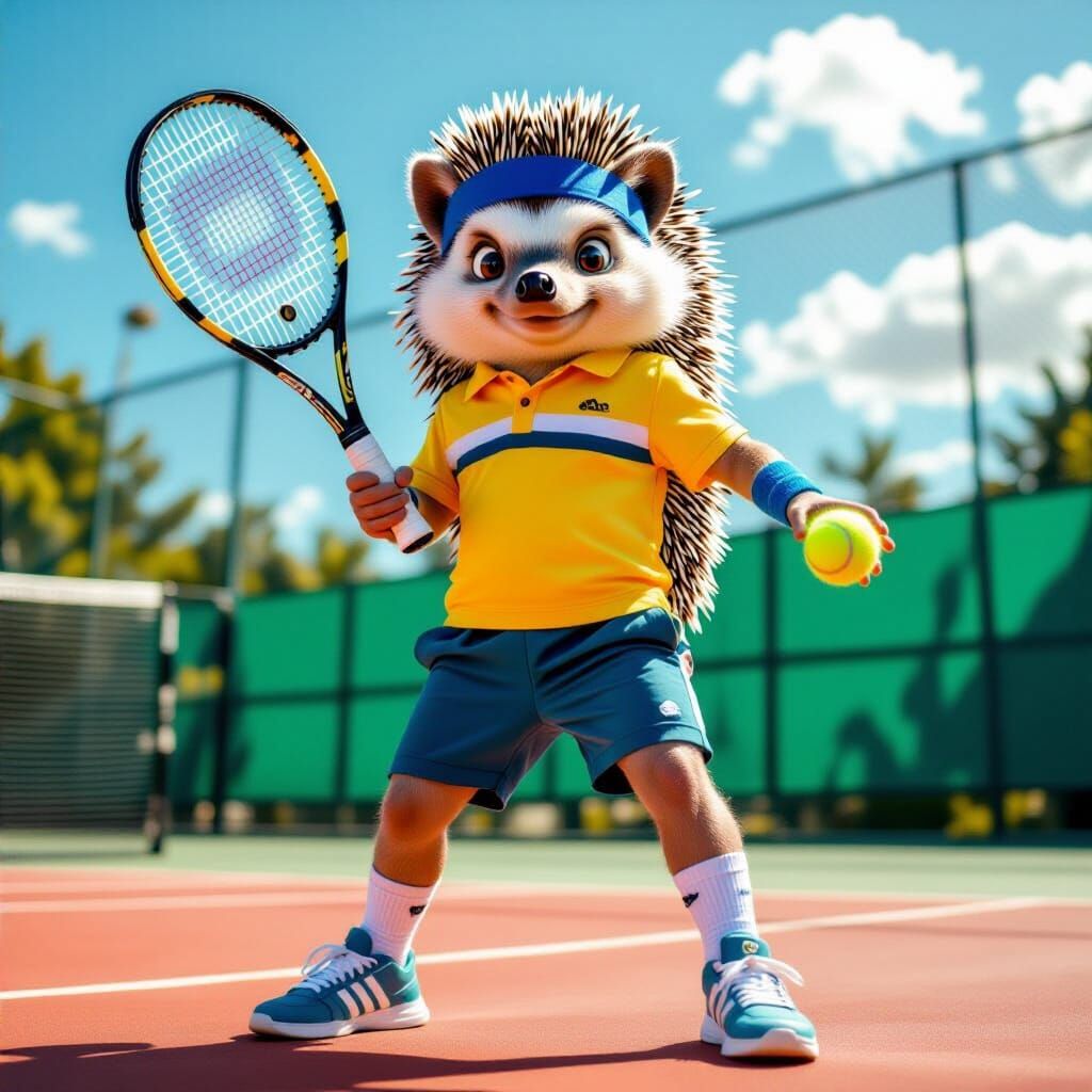 Hedgehog Tennis Player in Wes Anderson Style