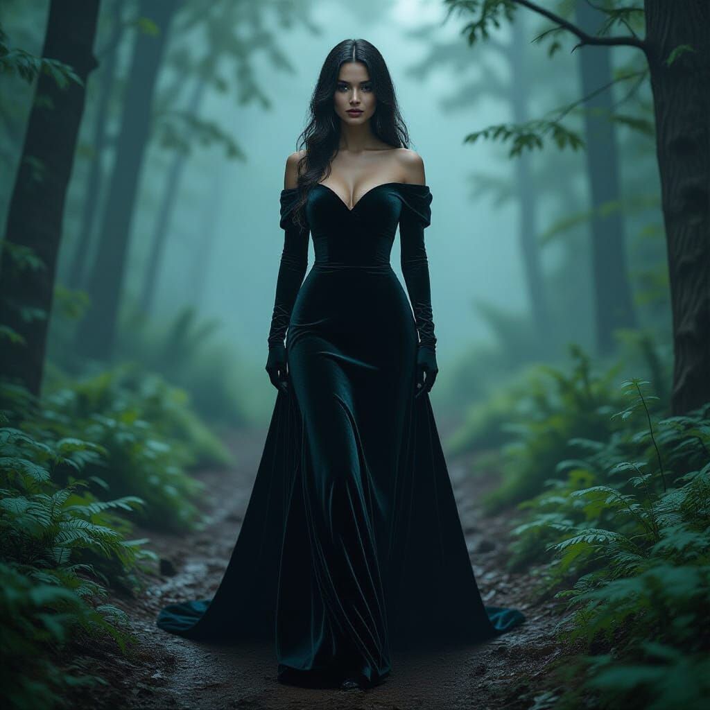 Mysterious Woman in Misty Forest, Gothic Romance