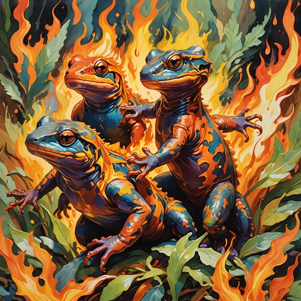 Salamanders in Dancing Flames: An Impressionist Gouache Mast...