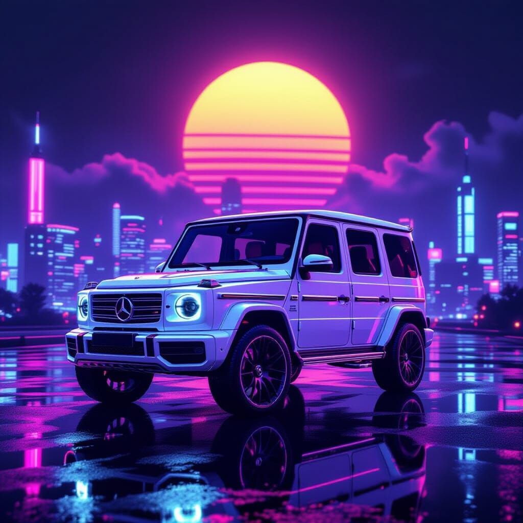Futuristic Mercedes G-Class AMG in Neon Retro Cityscape