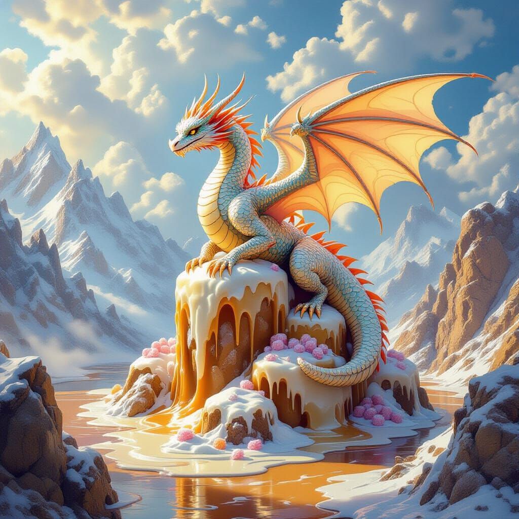Rock Candy Dragon on Candy Mountains in Hyperrealistic Style
