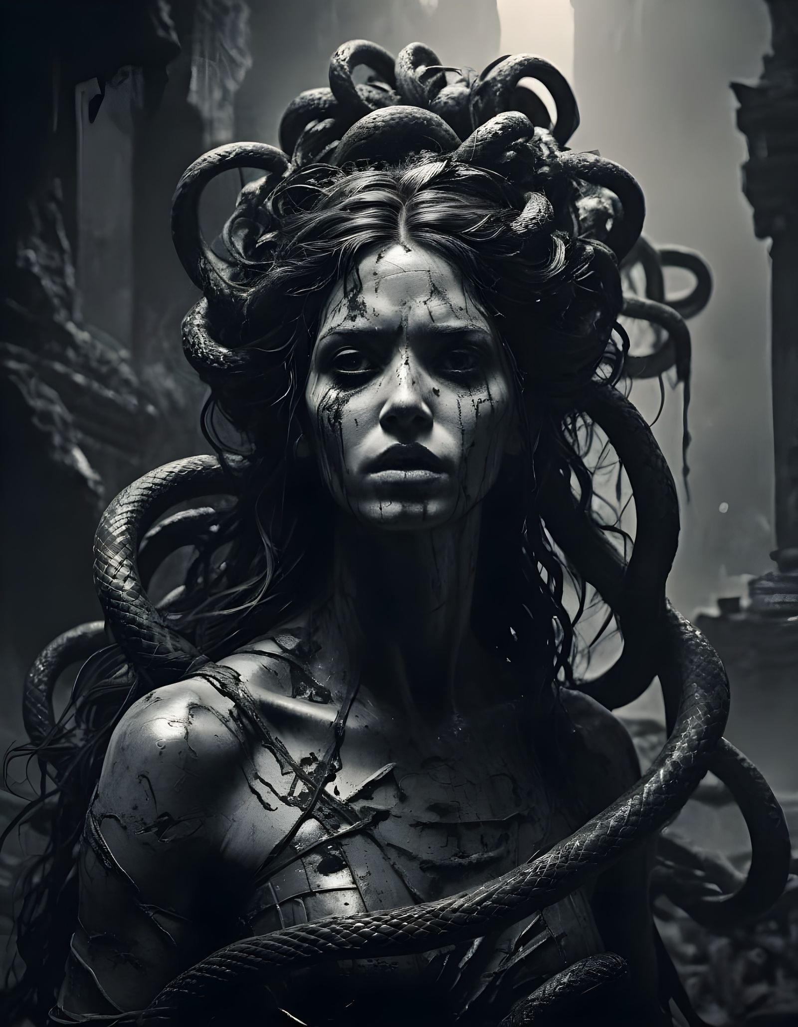 Gorgon as Dramatic Pencil Sketch in Goya Style