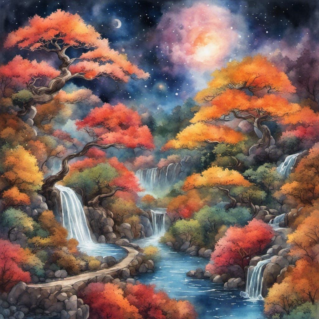 Lush Autumn Bonsai Valley Under Mystical Moon