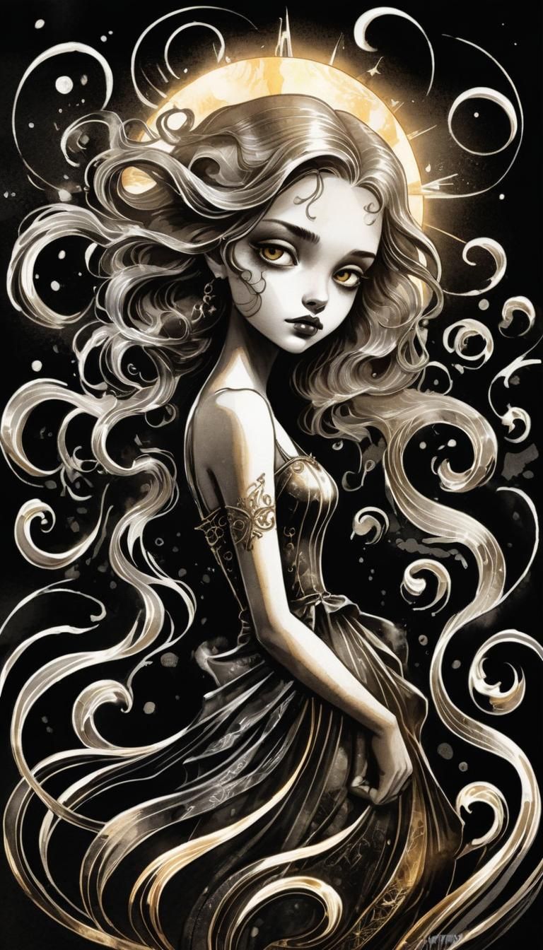 Gothic Fantasy in Metallic Watercolour with Ink Wash