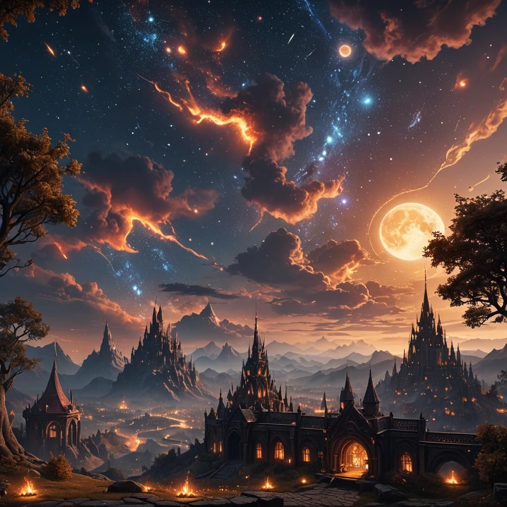 Elves Playing in Moonlit Fantasy Glade