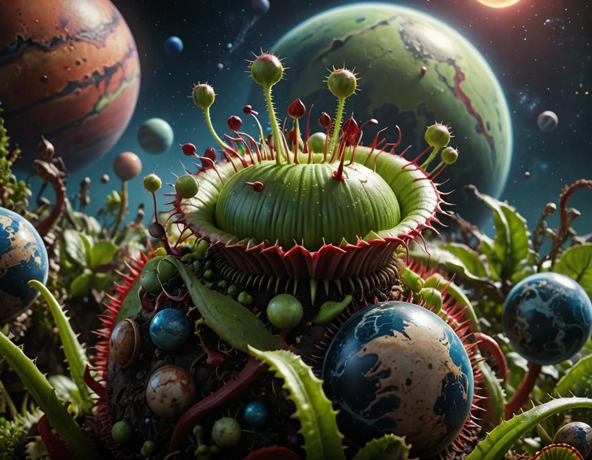 Venus Flytrap and Planets: Detailed Fantasy Art