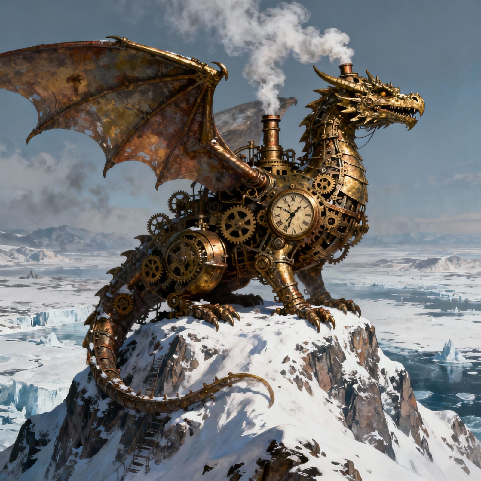 Steampunk Clockwork Dragon on Snowy Mountain Peak