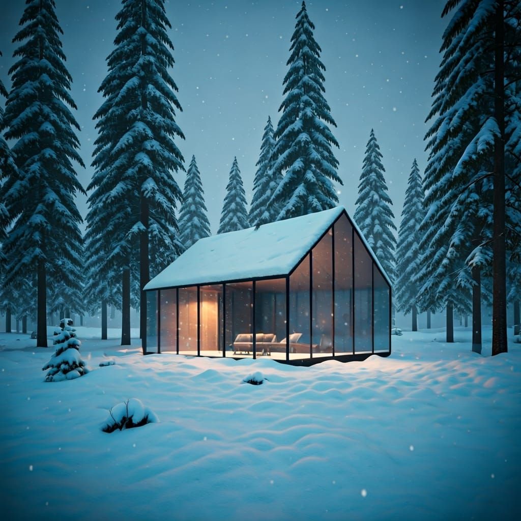 Glass Cabin in a Minimalist Winter Landscape