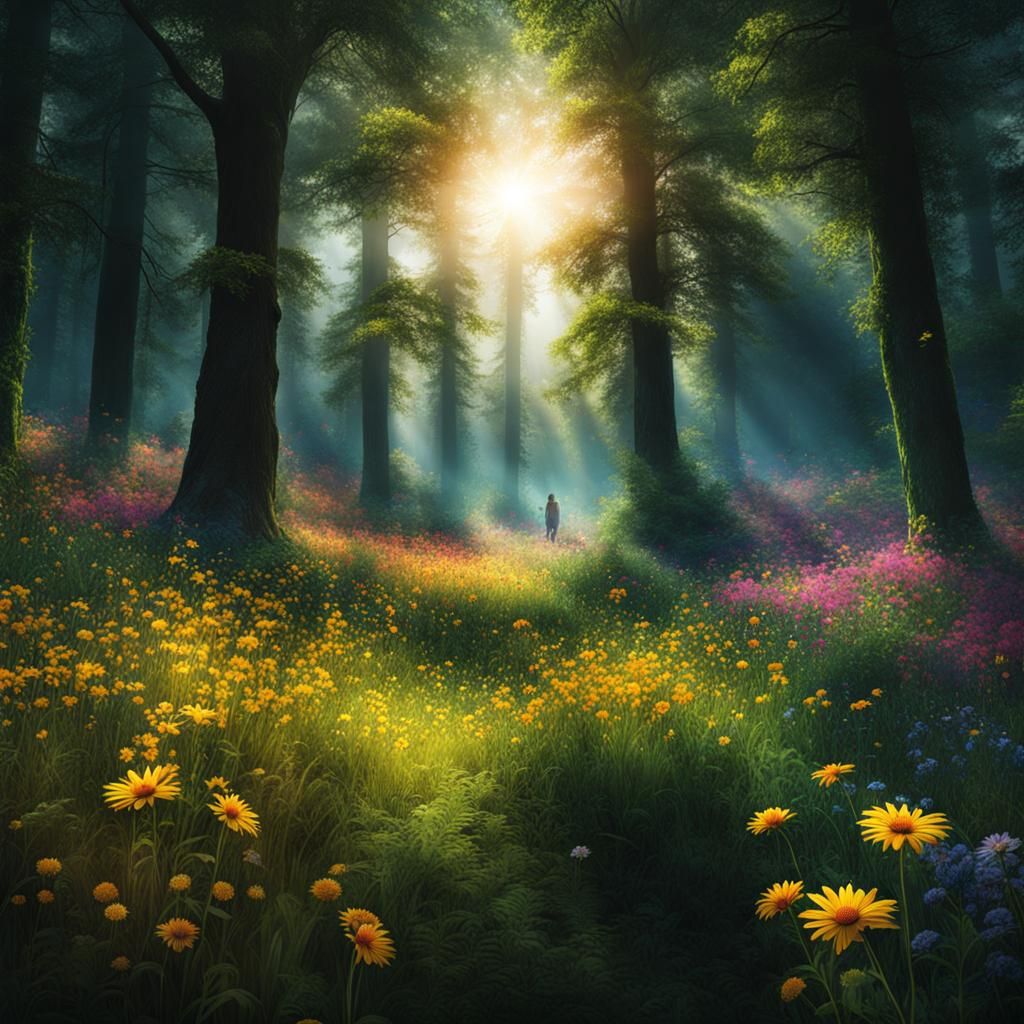 Double Exposure: Forest Meets Sunny Flower Meadow
