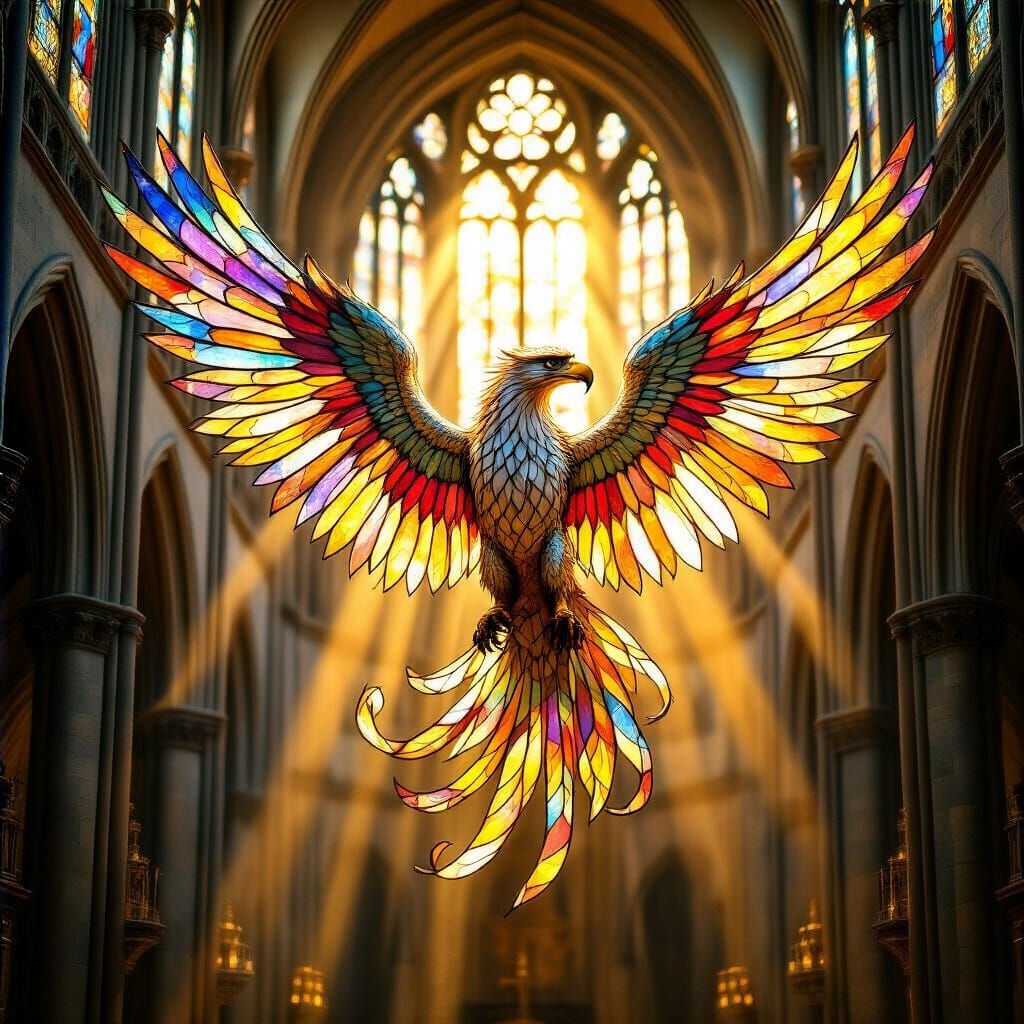 Stained Glass Griffin Soaring Through Cathedral