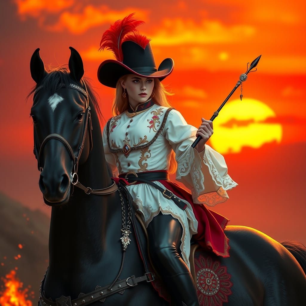 Elegant Noblewoman Rides Majestic Stallion at Sunset