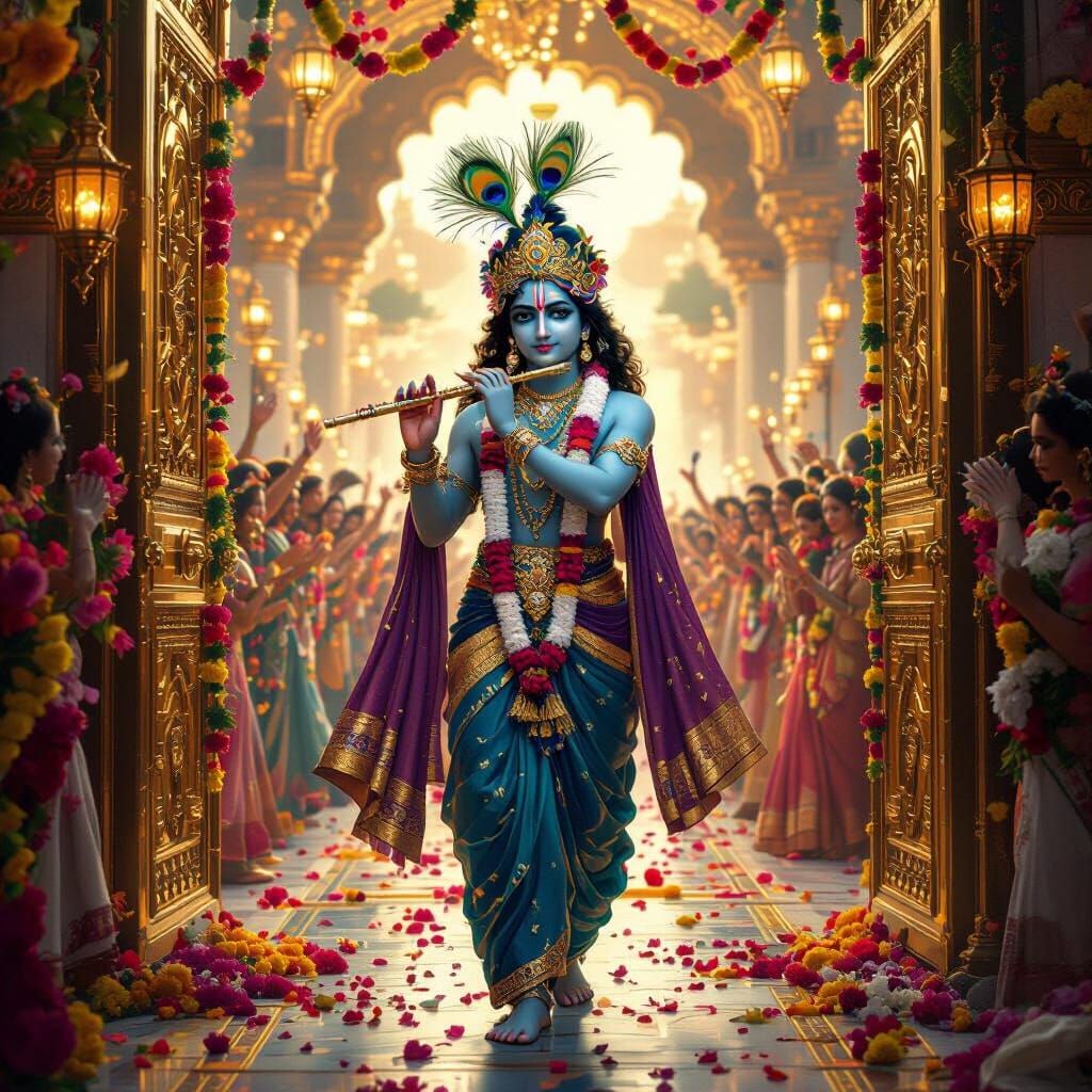 Lord Krishna Returns to Dwaraka in Royal Attire