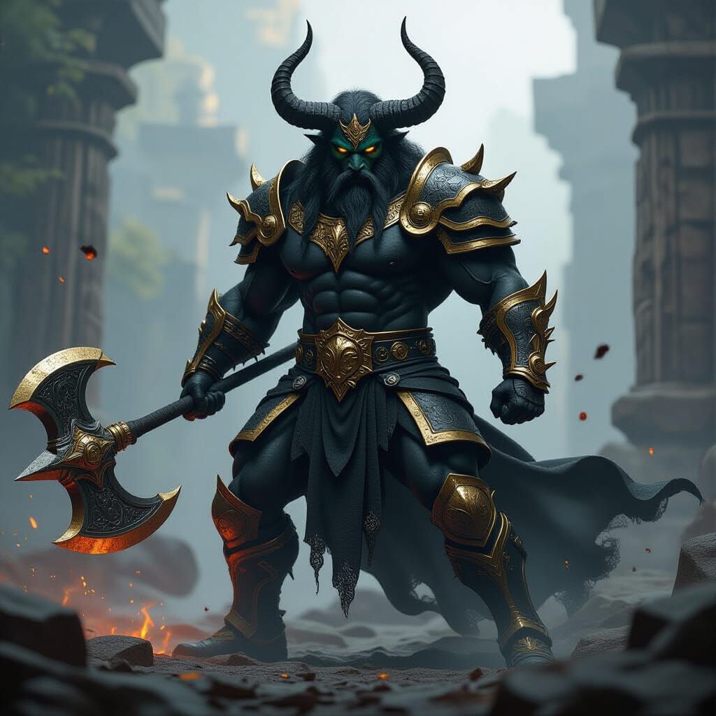Minotaur God in Epic Battle with Black and Yellow Armor