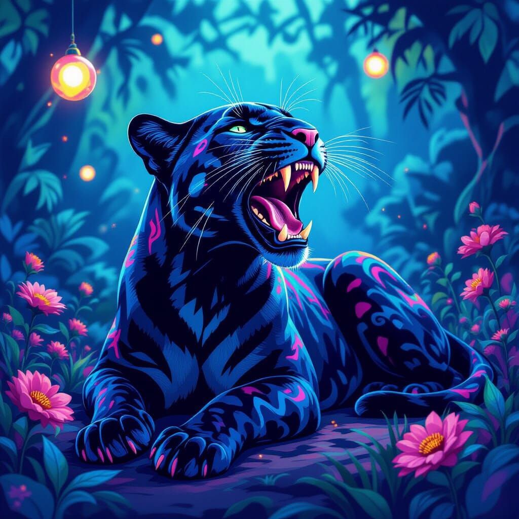 Surreal Panther Yawning in Abstract Psychedelic Landscape