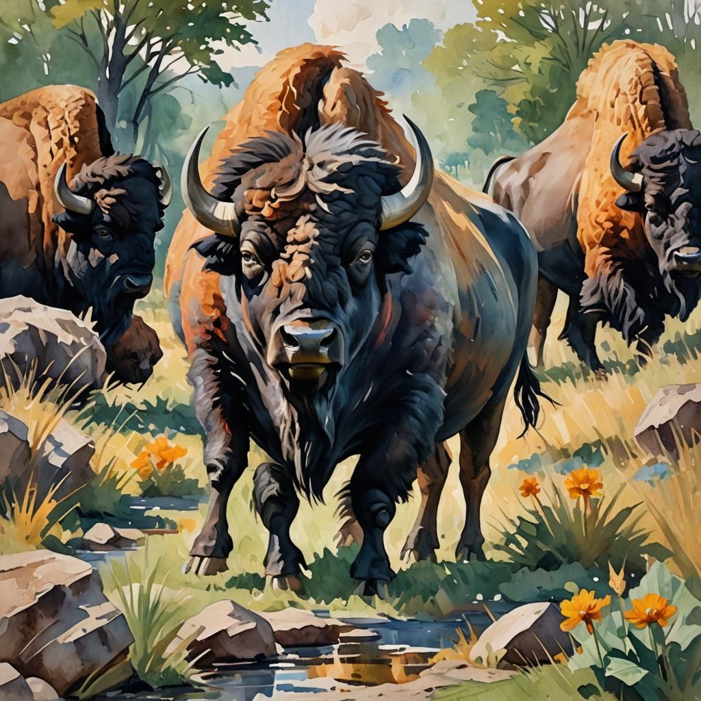 Buffalo in Gouache and Watercolor Style
