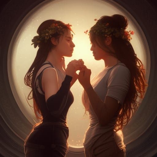 Lesbians Kissing Portrait in Hyperdetailed Style