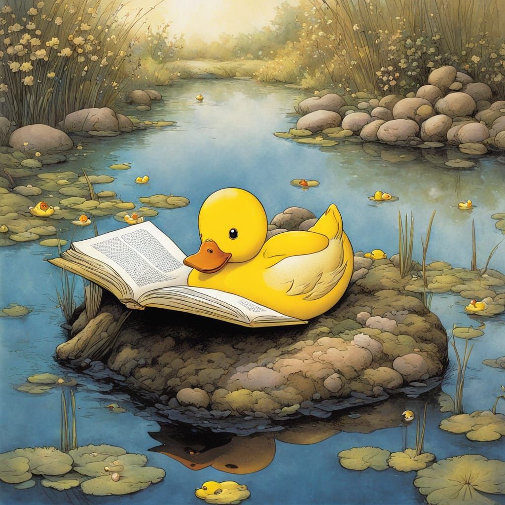 Whimsical Rubber Duck Reads in a Serene Pond Scene, Inspired...