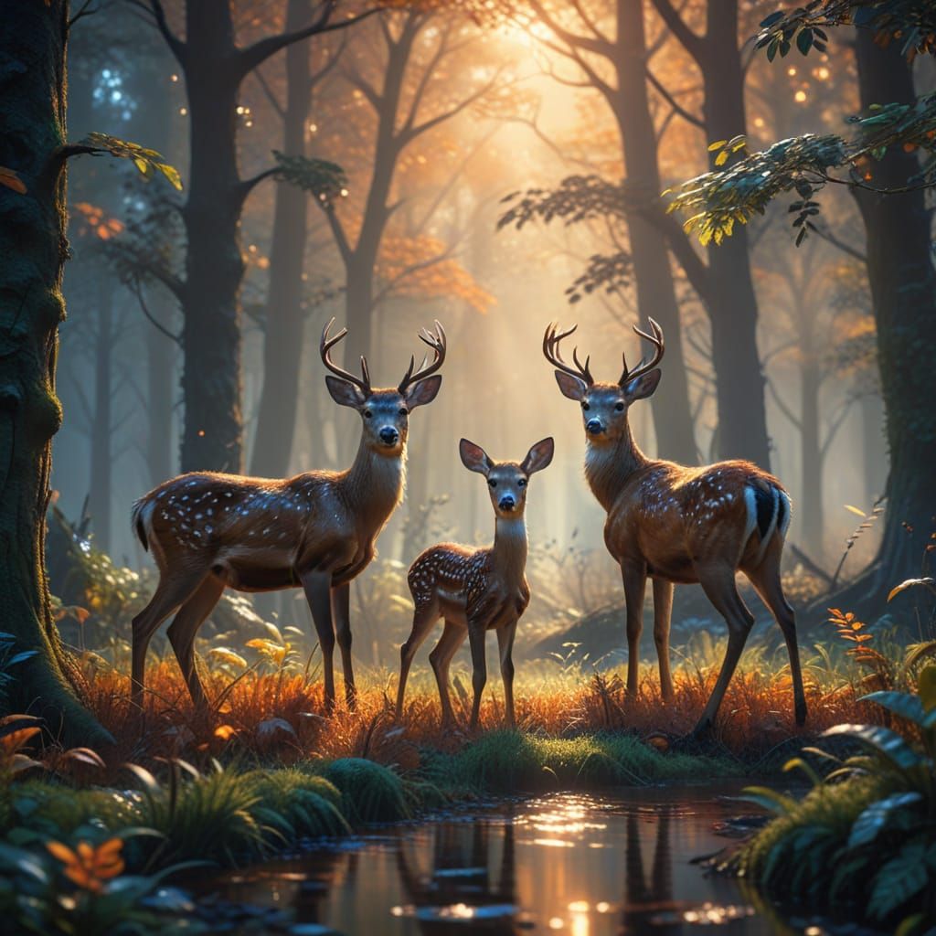 Deer Family in Lush Forest: Oil Painting Style
