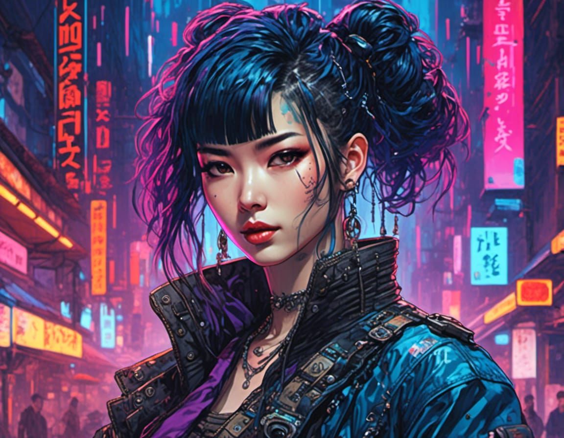 Cyberpunk Geisha Portrait in Watercolor