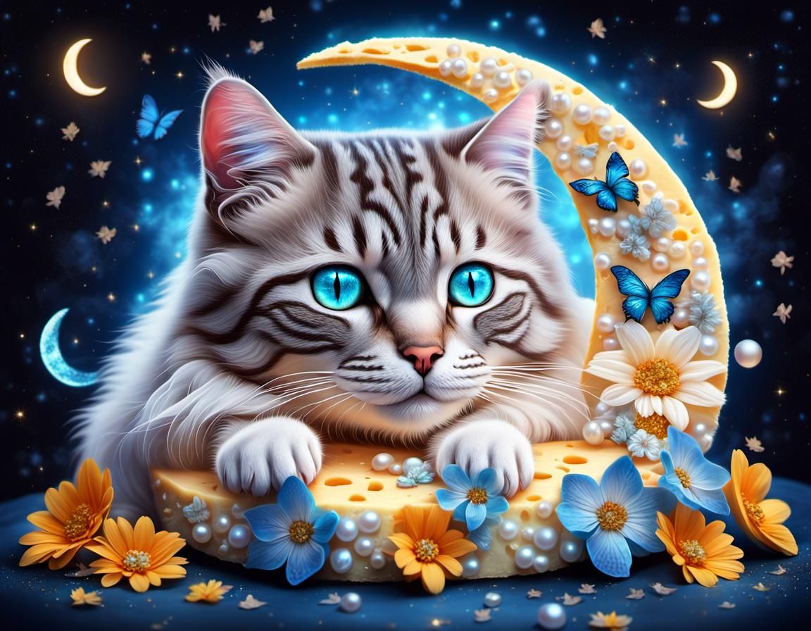 Fluffy Cat Asleep on Cheese Moon