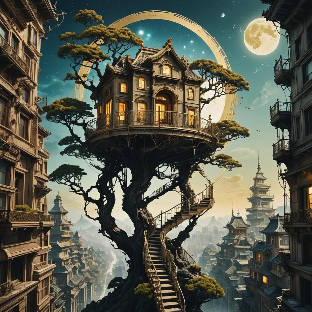 Celestial Adventurer Ascending to a Surreal Sky