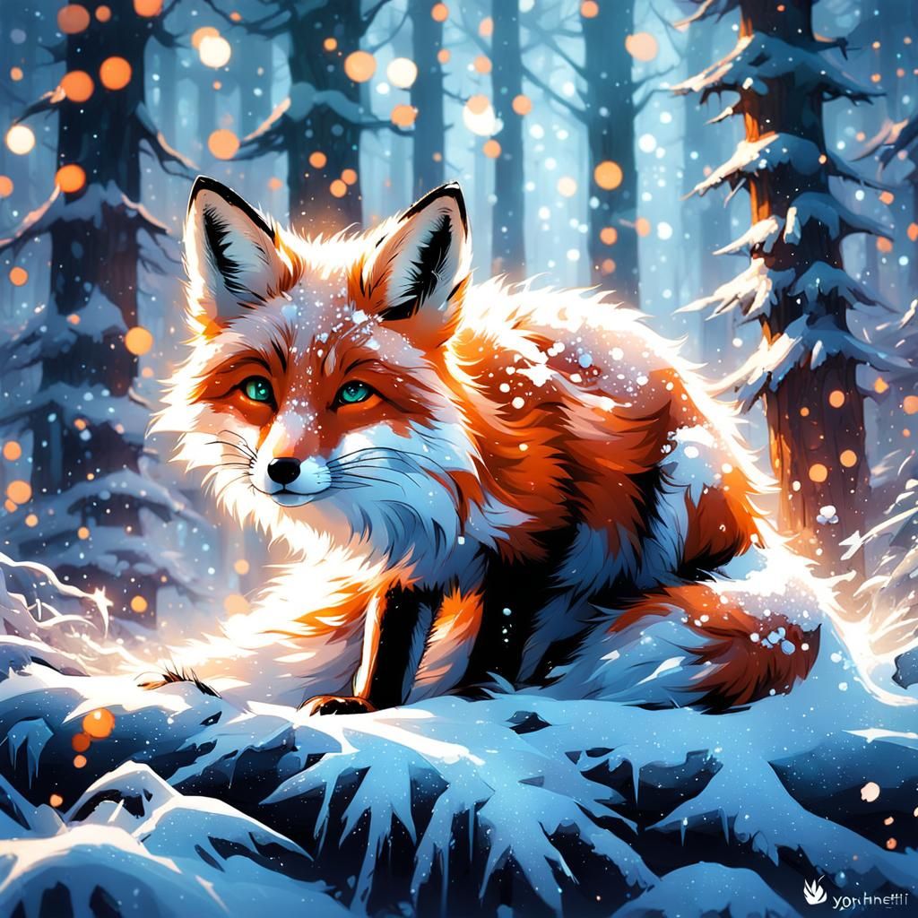 Fantasy Baby Fox in Winter Forest, Photorealistic 3D