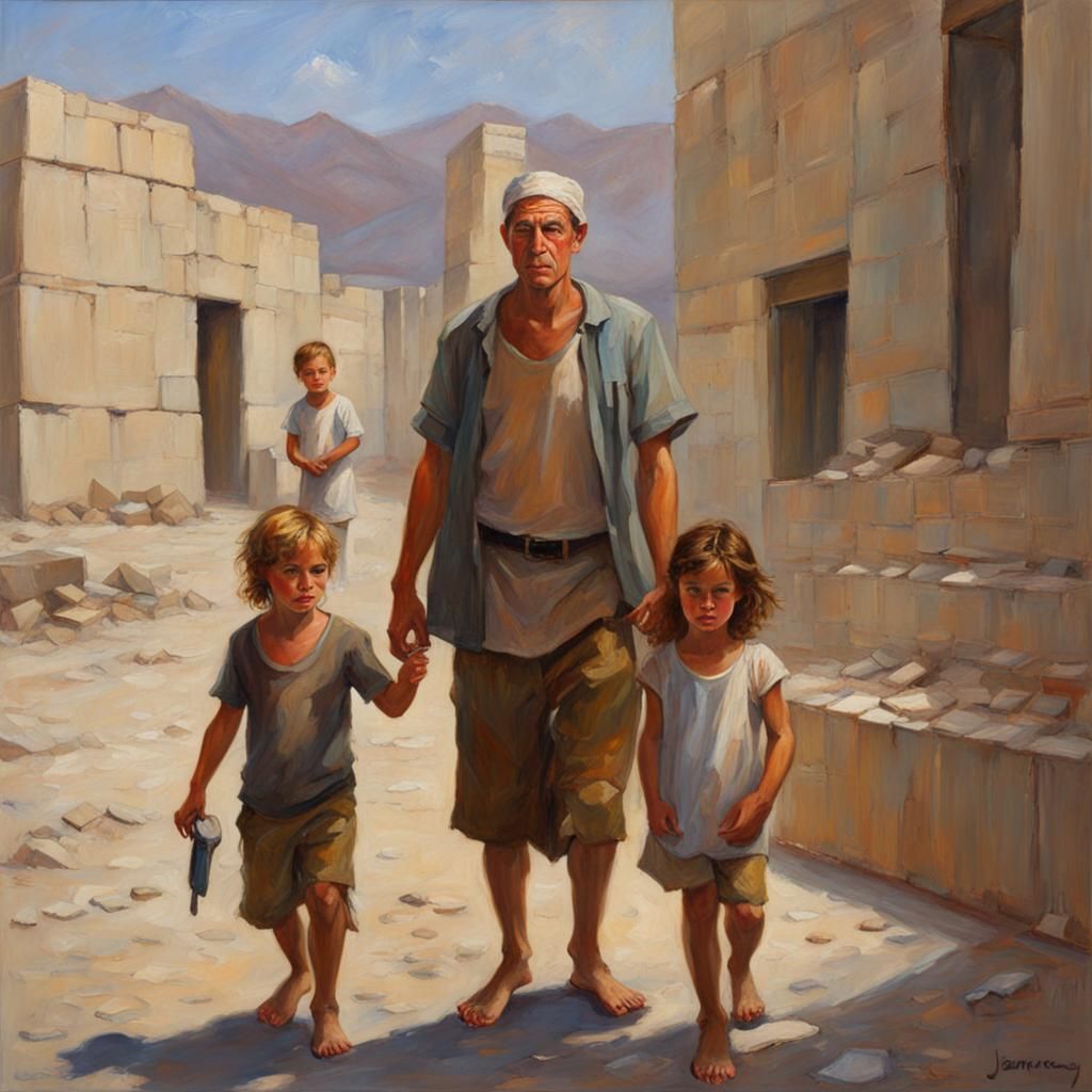 Family in Modern Cityscape: Oil Painting