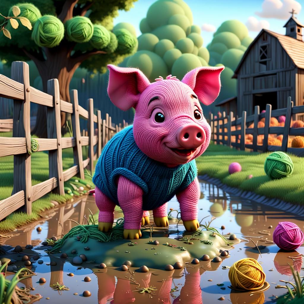 Yarn Piglet in Mud Puddle: 3D Digital Art