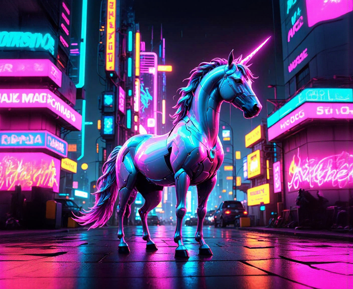 Cyberpunk Unicorn Perched on Futuristic Building