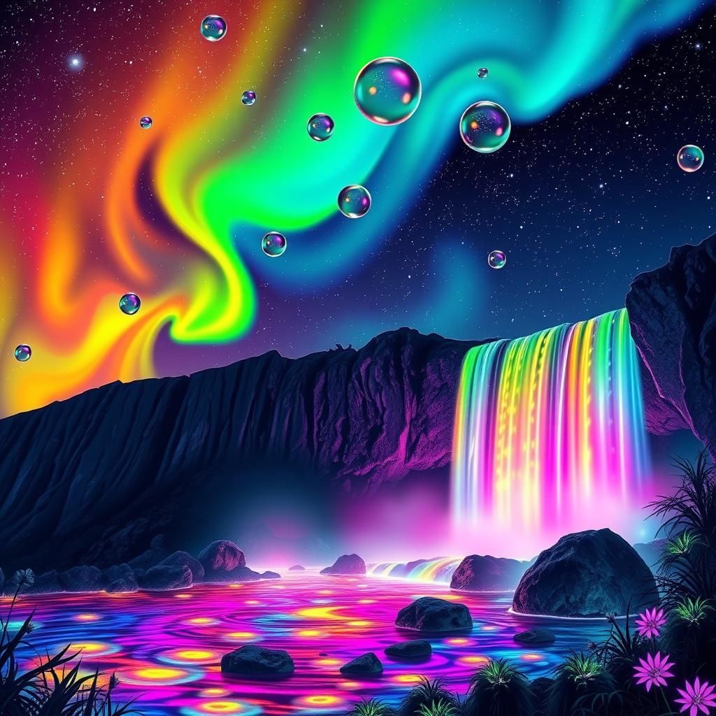 Rainbow Aurora with Iridescent Waterfall in Astral Art