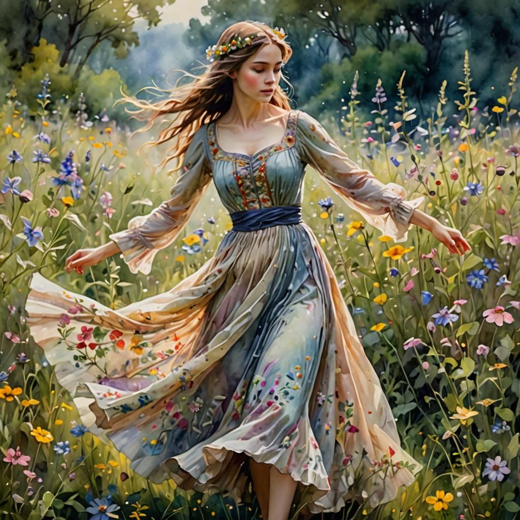 Ethereal Woman Dancing Among Wildflowers in Watercolor