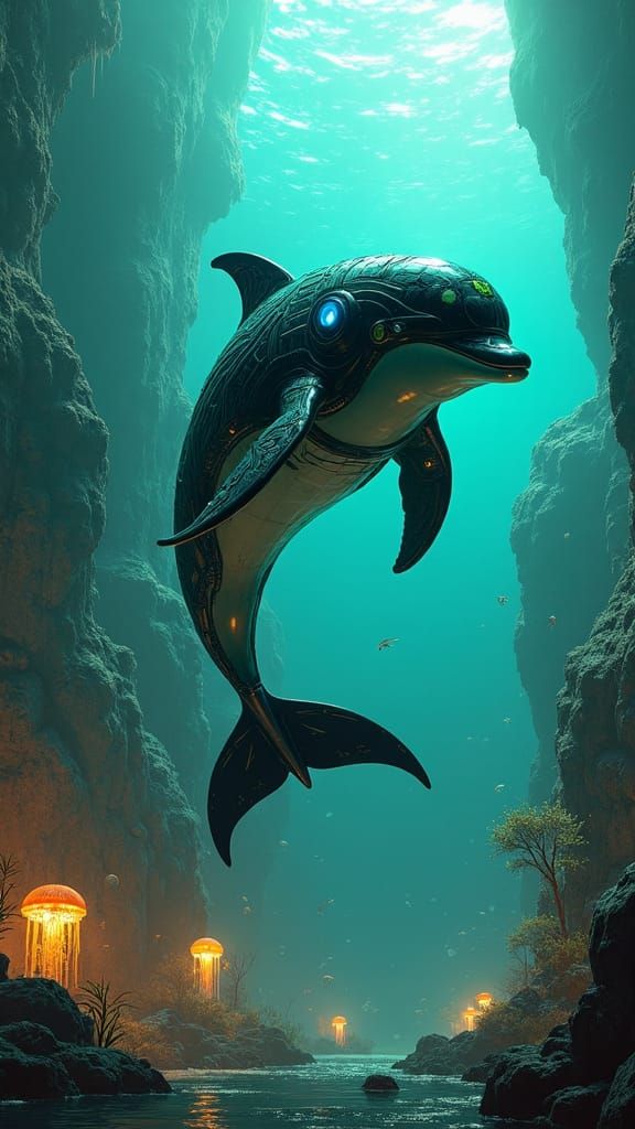 Dolphin Bounty Hunter in Biomechanical Alien Landscape