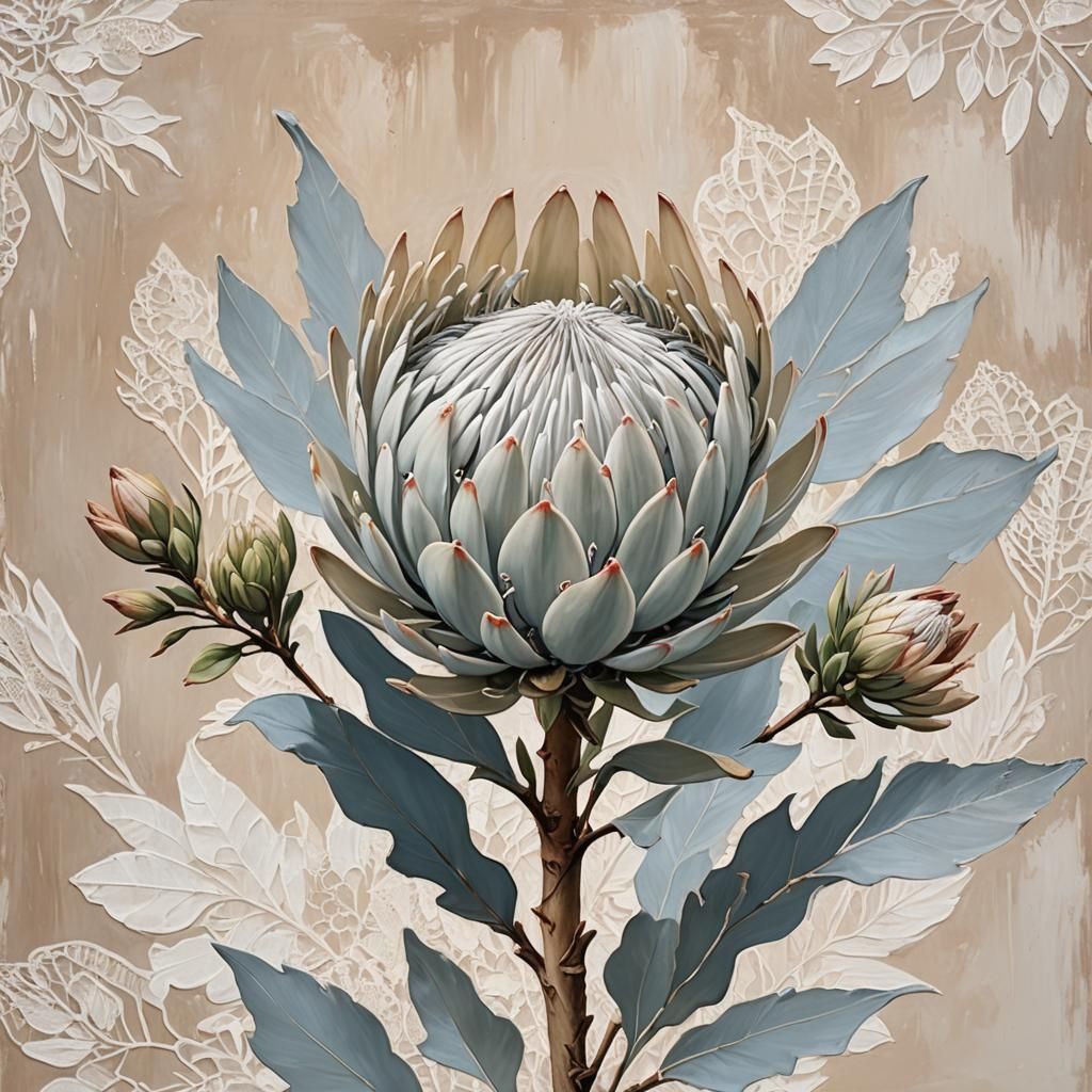 Minimalist Protea in Japandi Oil Painting Style