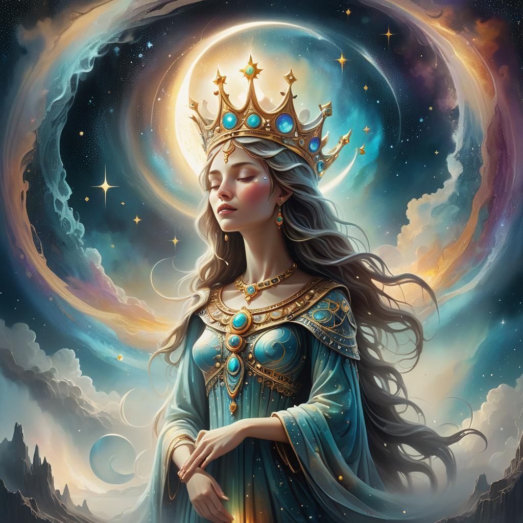 Crescent Crowned Mother in Surreal Cosmic Art