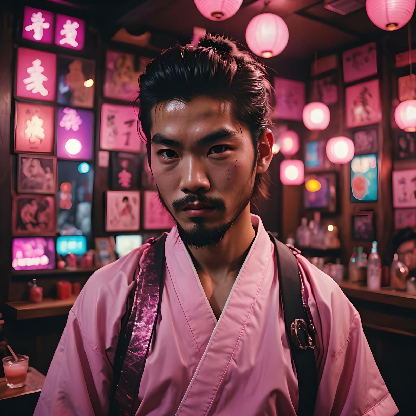 Samurai in Pink Bar: A Cinematic Still