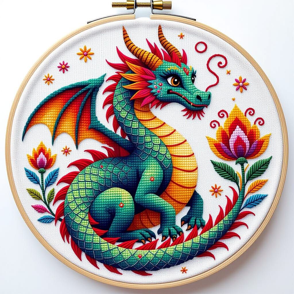Majestic Dragon in Cross-Stitch Folk Art