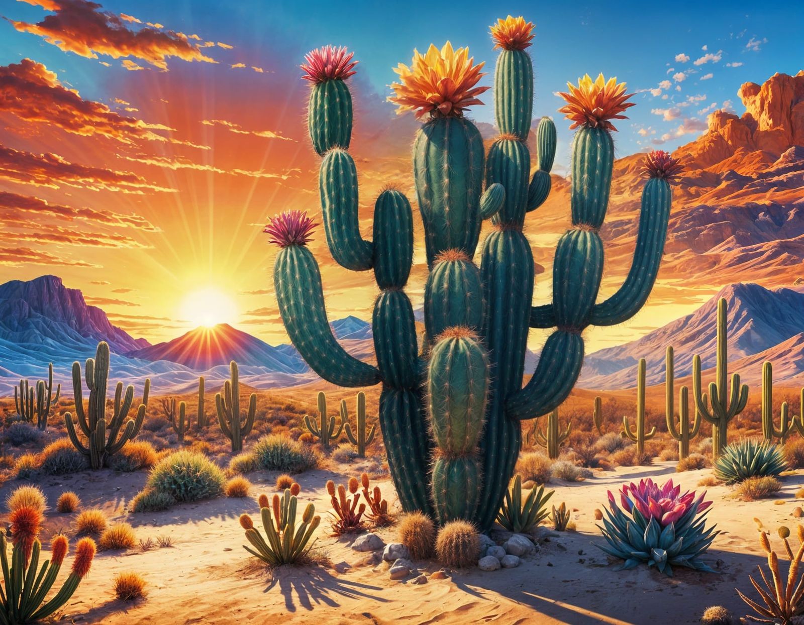 Pixelated Desert Cactus Sunset in Hyperrealistic Style