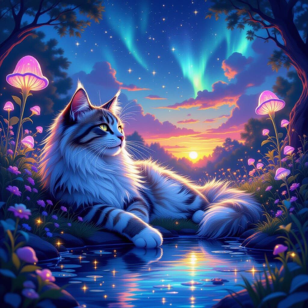 Majestic Iridescent Cat in Enchanted Garden