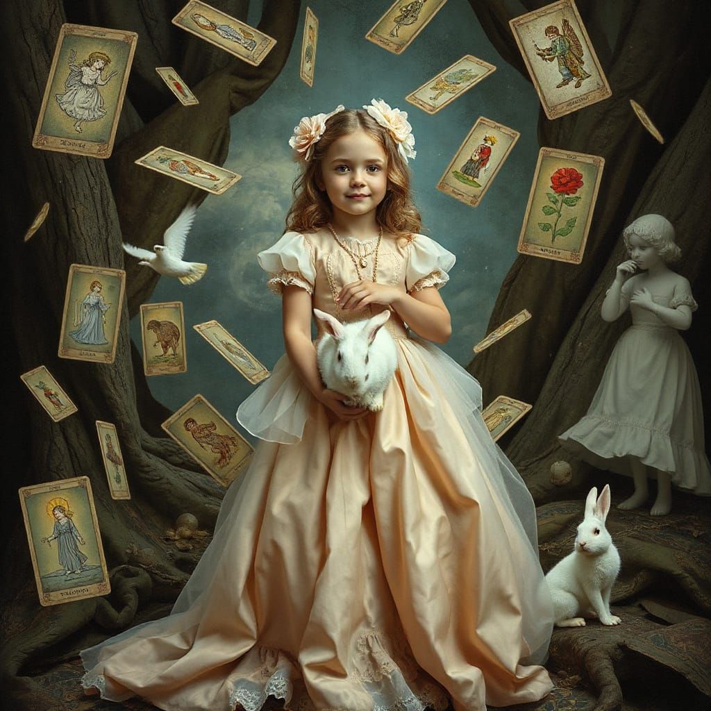 Girl, Rabbit, and Tarot Cards in Dreamlike Style