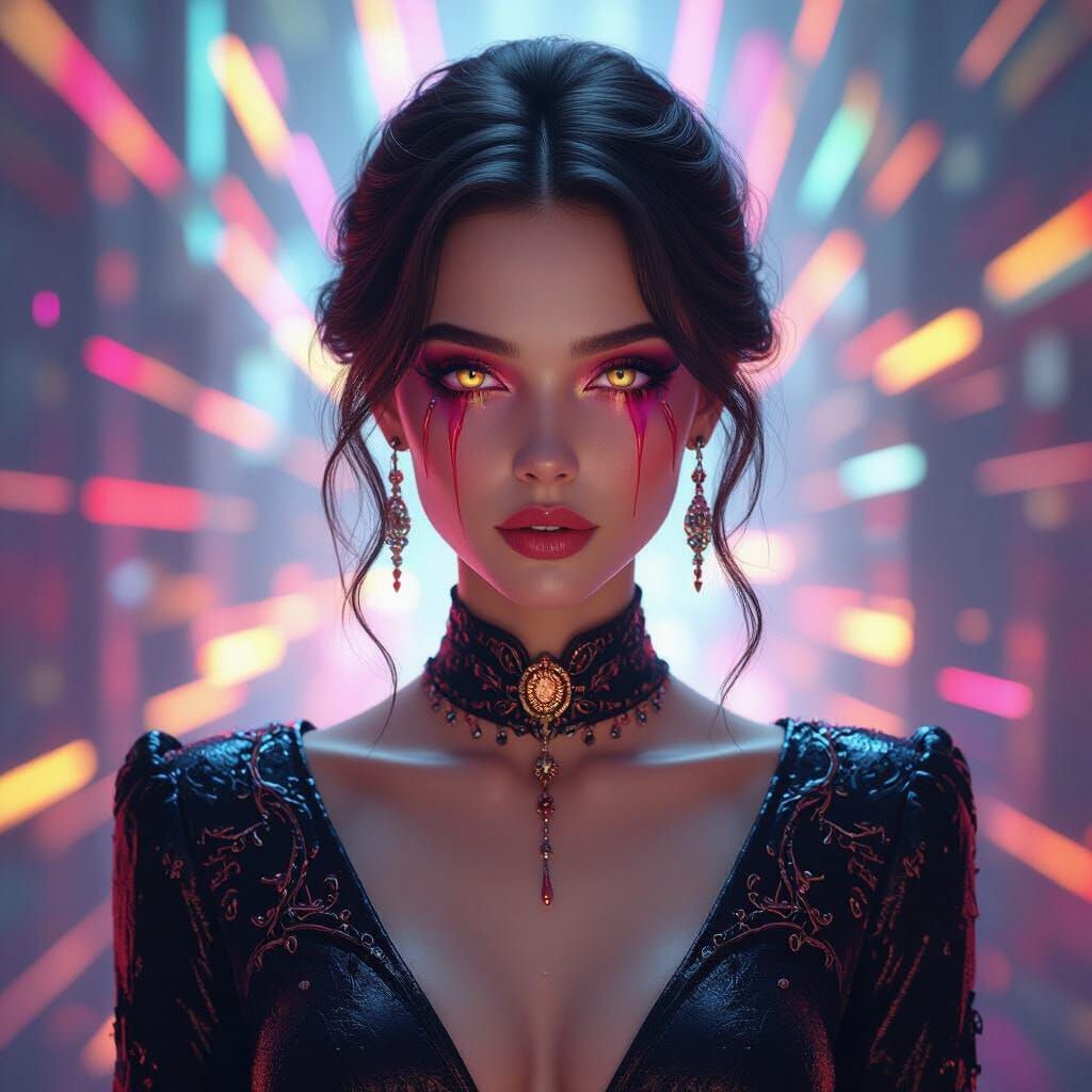 Elegant Woman with Bleeding Eyes in Fantastical Scene