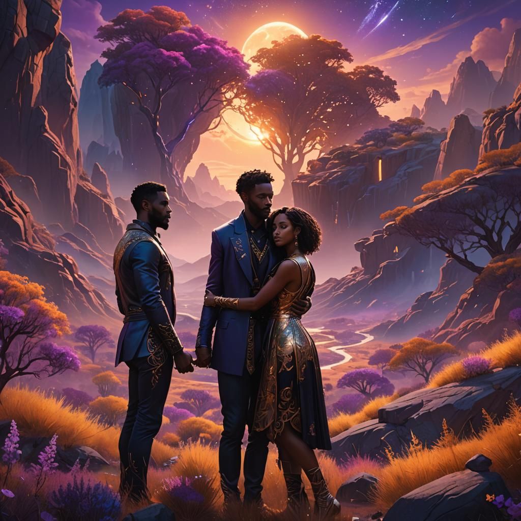 USA Man and Black Love in Dreamlike Landscape