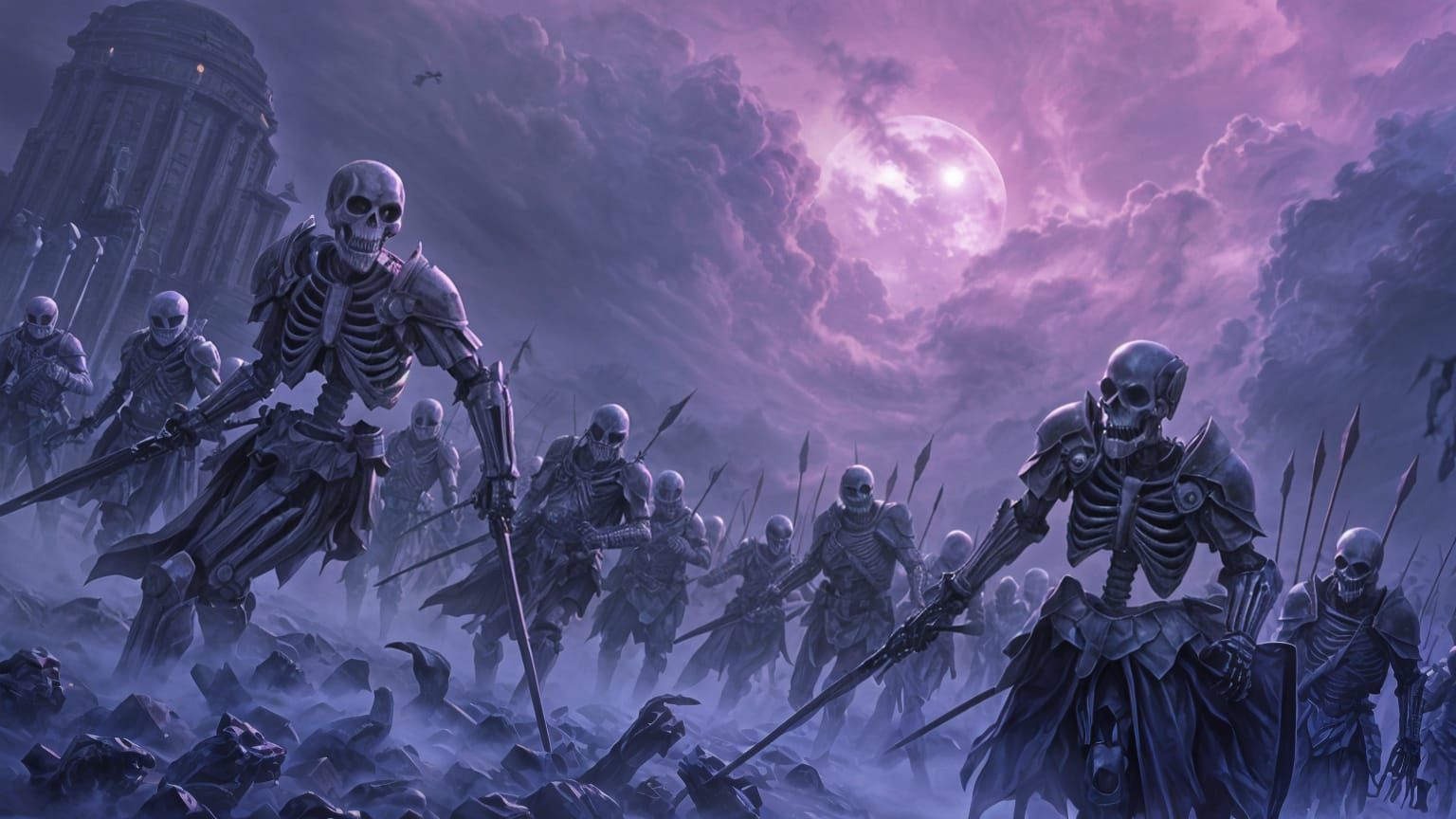 Epic Battle Scene with Skeleton and Armored Soldiers