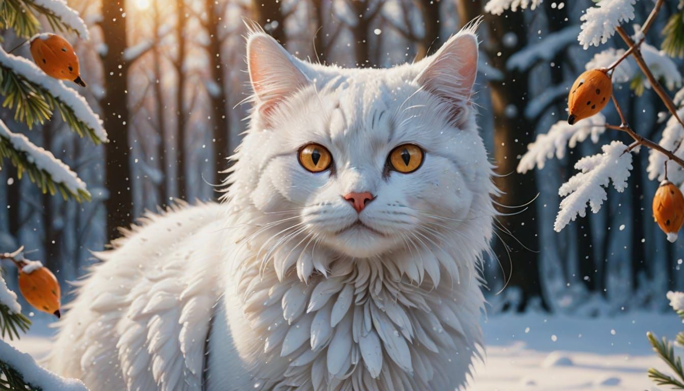 White Cat and Robin in Winter Snowscape