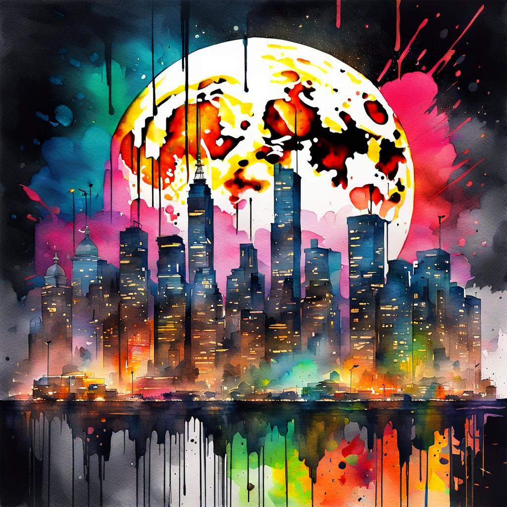 Vibrant Cityscape Double Exposure in Watercolor Style