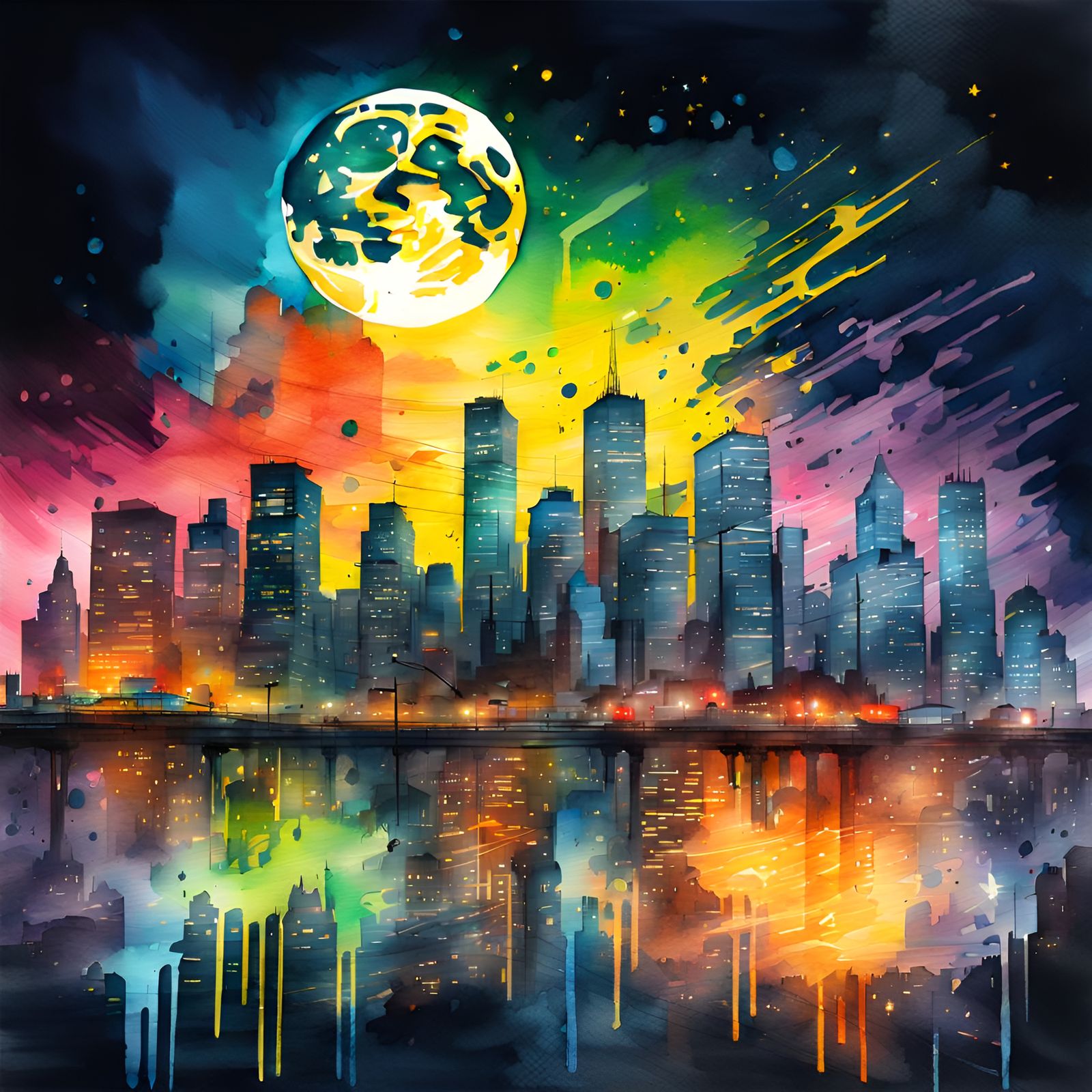 Vibrant Watercolor Cityscape at Night
