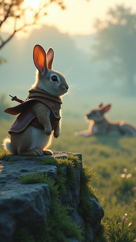 Vigilant Rabbit Guarding Lion Cub at Dawn