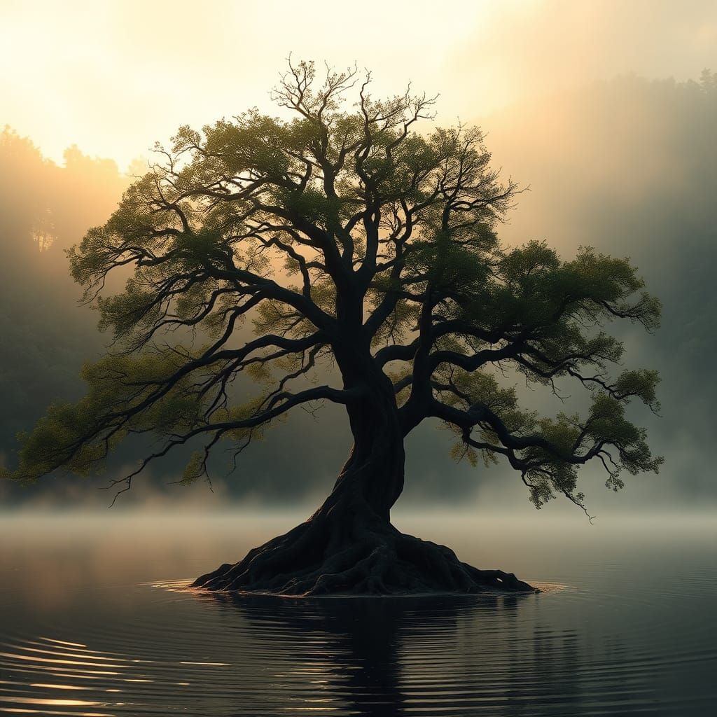 Hyperrealistic Ancient Tree at Misty Lake
