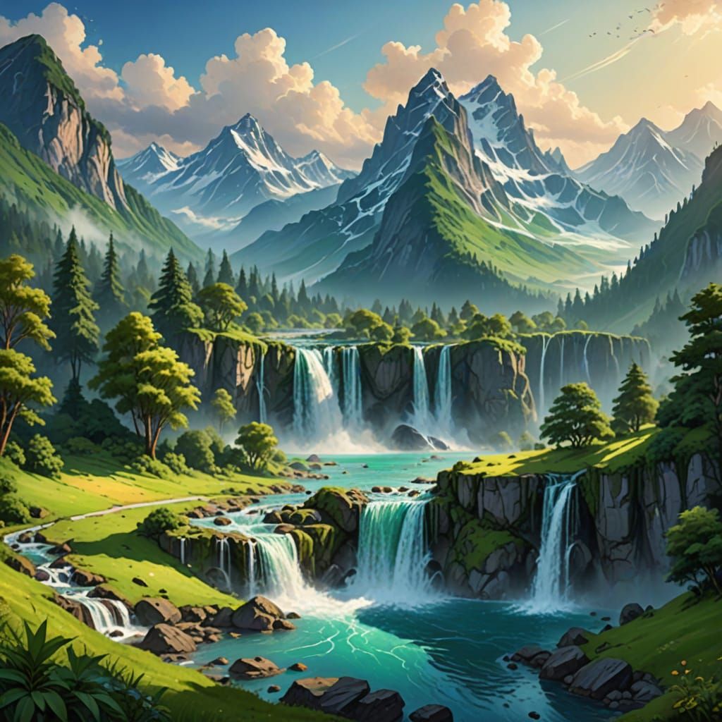 Majestic Mountains With Cascading Waterfalls and Lush Greene...