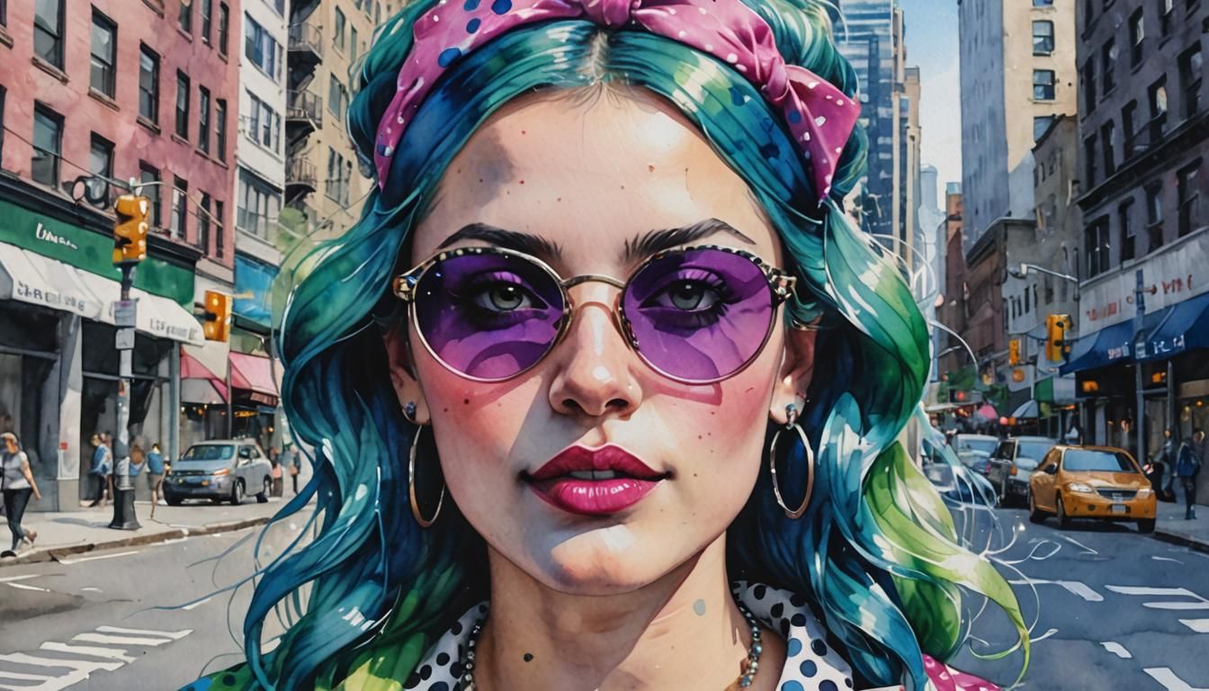 Watercolor Portrait of Woman with Flowing Hair